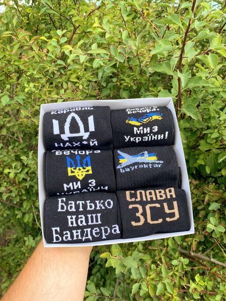 Бокс чоловічих патріотичних шкарпеток на 6 пар 40-45 р в подарунковій коробці із стрічкою весна-осінь-літо ч6укр6 фото