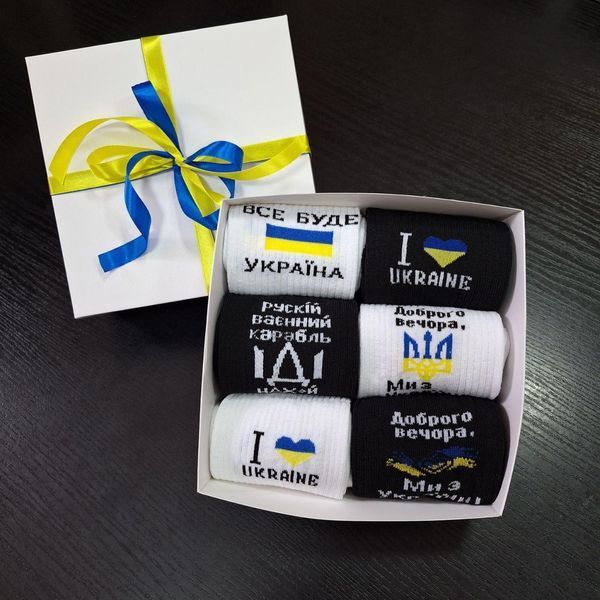Бокс чоловічих патріотичних шкарпеток на 6 пар 40-45 р в подарунковій коробці із стрічкою весна-осінь Ч6укр17 фото