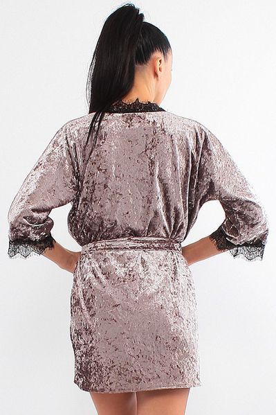 Жіночий халат домашній велюровий на запах поясом фуксія з чорним мереживом 17111-81 фото