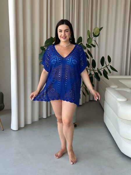 Пляжная короткая синяя туника PLUS SIZE тоненькая вязка SW669/3 фото