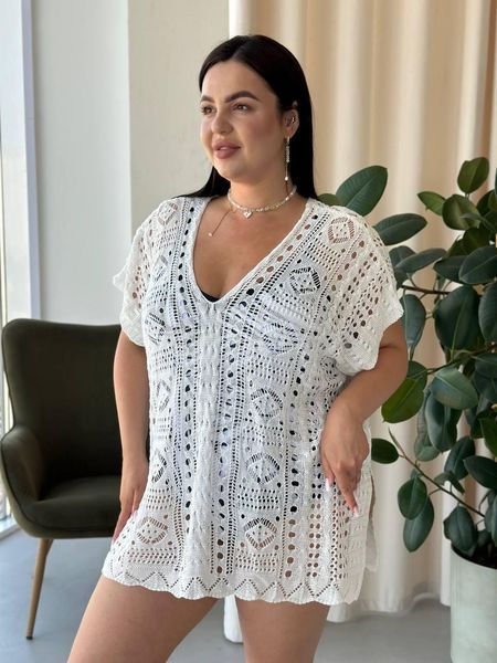 Пляжна коротка біла туніка PLUS SIZE тоненька в'язка SW669/2 фото