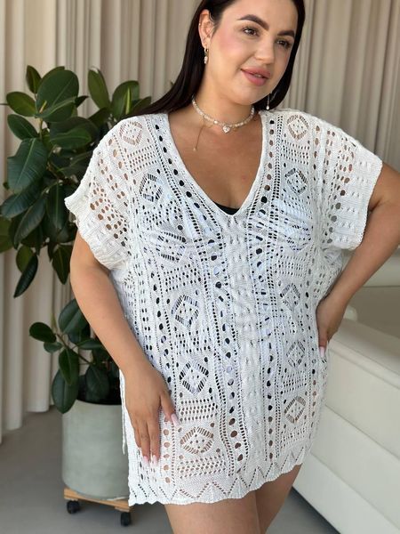 Пляжна коротка біла туніка PLUS SIZE тоненька в'язка SW669/2 фото