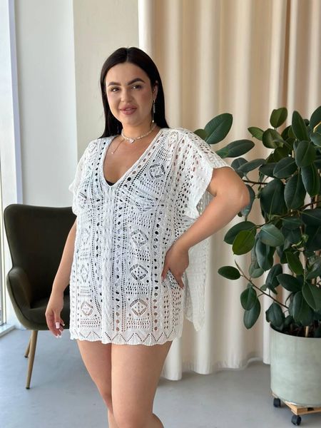 Пляжна коротка біла туніка PLUS SIZE тоненька в'язка SW669/2 фото