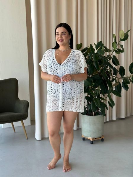Пляжна коротка біла туніка PLUS SIZE тоненька в'язка SW669/2 фото