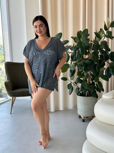 Пляжная короткая серая туника PLUS SIZE тонкая вязка SW669/1 фото