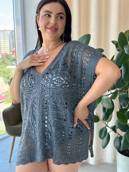 Пляжная короткая серая туника PLUS SIZE тонкая вязка SW669/1 фото