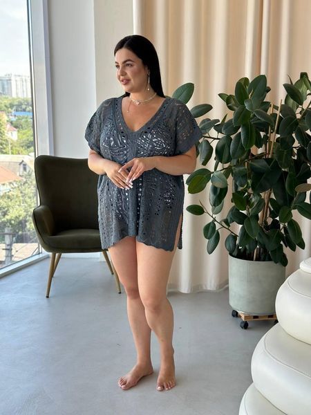 Пляжная короткая серая туника PLUS SIZE тонкая вязка SW669/1 фото