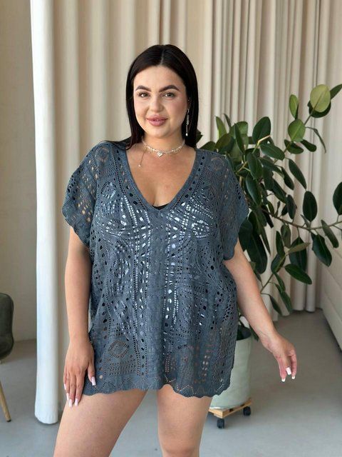 Пляжна коротка сіра туніка PLUS SIZE тоненька в'язка SW669/1 фото
