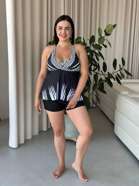 Чорно-білий купальник танкіні PLUS SIZE з шортиками SW1548 фото