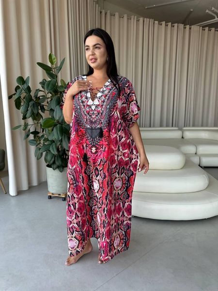 Легкое макси платье-туника розовое PLUS SIZE для отдыха SW674 фото