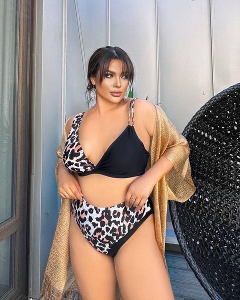 Раздельный черный купальник PLUS SIZE с высокими плавками и лео-принтом. SW1376/1 фото