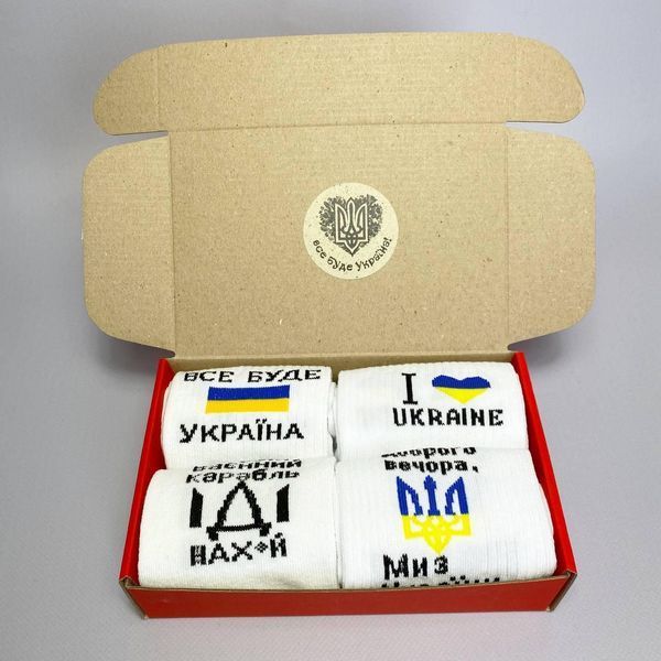 Бокс чоловічих патріотичних шкарпеток 40-45 на 4 пари в червоній коробці весна-осінь-літо ч4укр016 фото