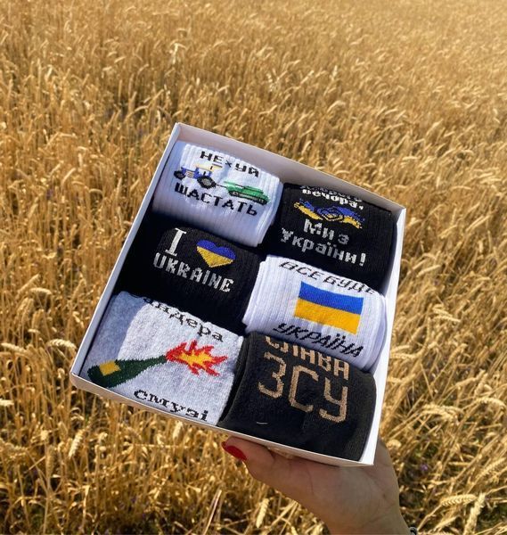 Бокс мужских патриотических носков на 6 пар 40-45 г в подарочной коробке с лентой весна-осень-лето ч6укр2 фото