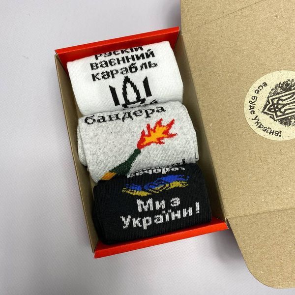 Бокс чоловічих патріотичних шкарпеток 41-45 3 пари в червоній коробці весна-осінь-літо ч3укр11 фото